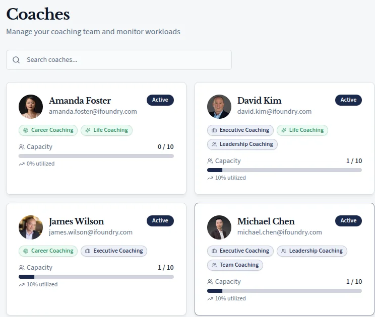Coaches screen: coach cards with specialties and a capacity bar showing each coach's active clients against their limit