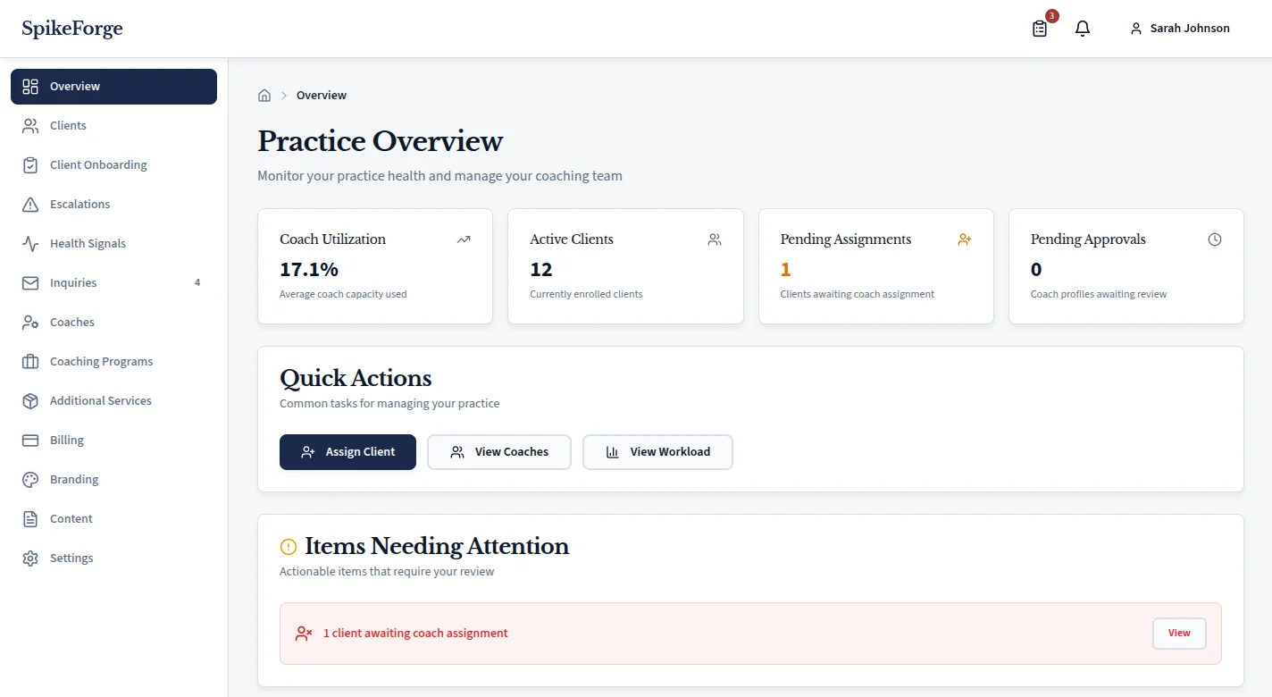 Practice Overview in the practice portal: a sidebar of modules from clients to billing and branding, beside coach utilization, active clients, pending assignments, and items needing attention