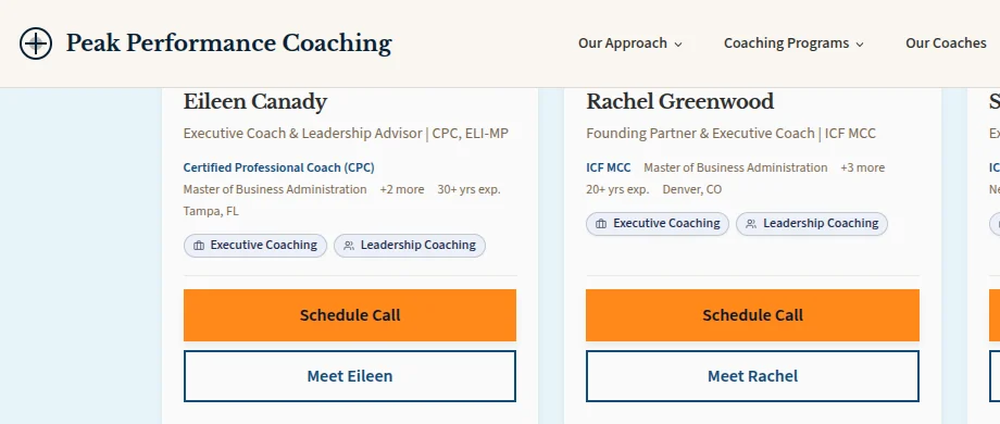 A practice's public site with its own logo and navigation, showing coach directory cards with each coach's title, credentials, location, specialties, and Schedule Call and Meet buttons