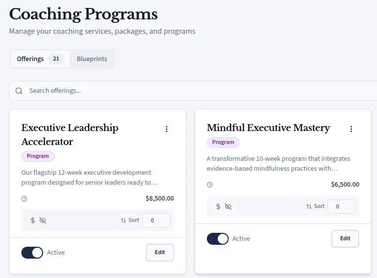 Coaching Programs screen in the practice portal: offering cards with a Program badge, description, price, and an Active toggle