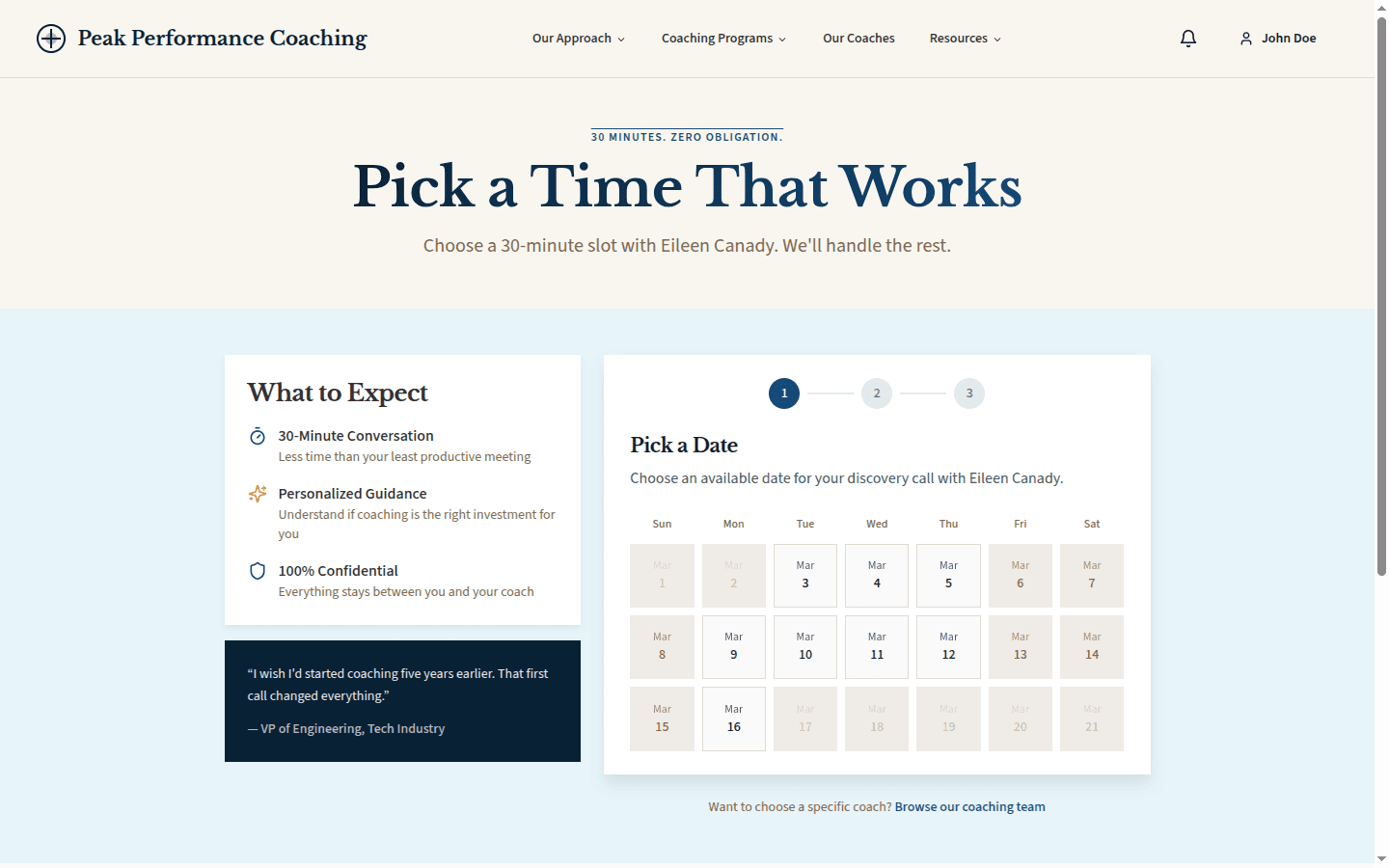 Discovery call scheduling page with calendar date picker, step-by-step booking flow, and availability management